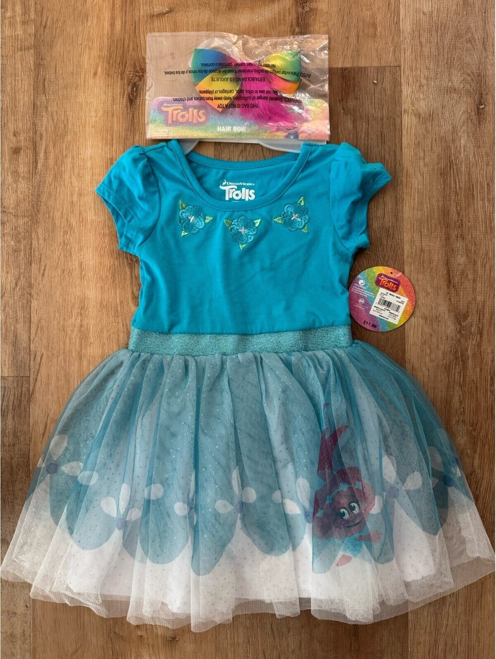 NWT DreamWorks Trolls Poppy Dress Girls 4T  Skirt Hair Bow Turquoise Halloween
